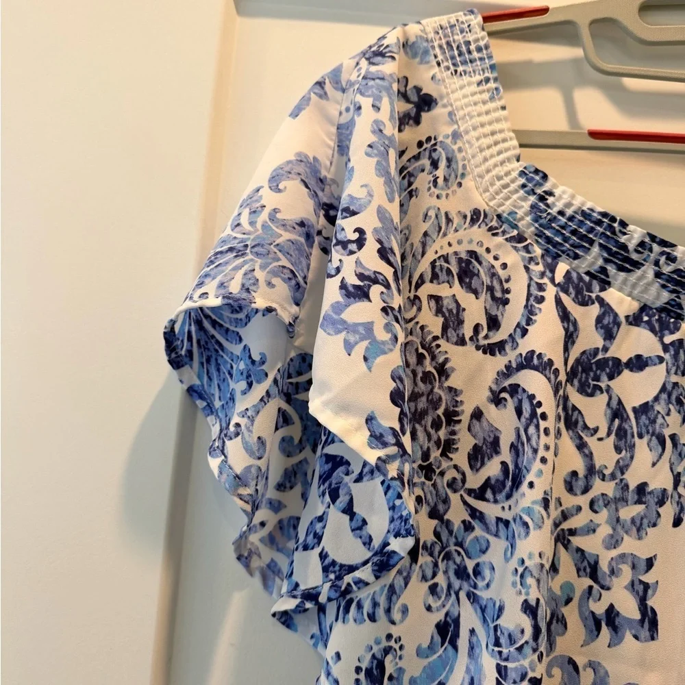Show Me Your Mumu Blue White Damask Maxi Dress Off Shoulder XS